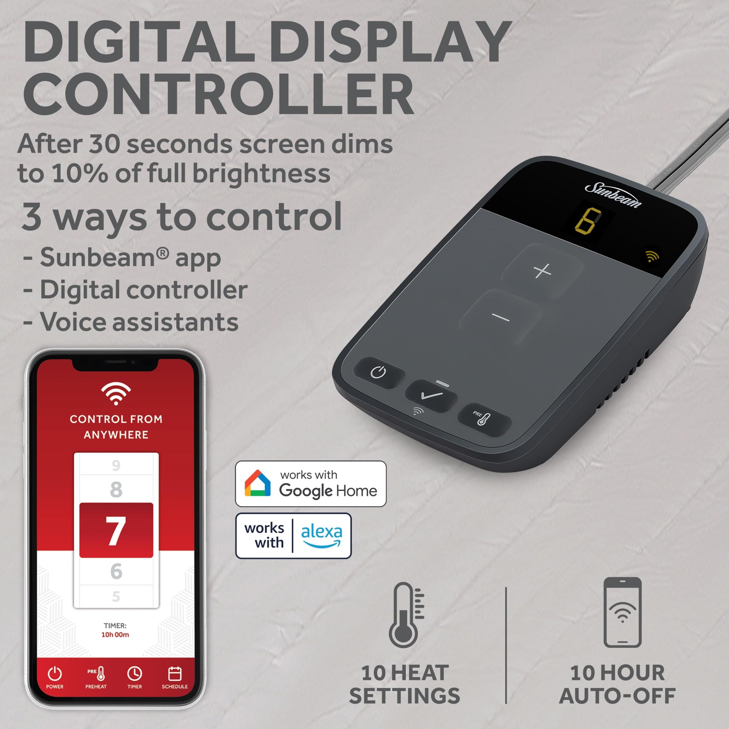 Sunbeam Wi-Fi Connected Mattress Pad, Electric Blanket, 10 Heat Settings, Full Size (UPC-6134) - Image 8