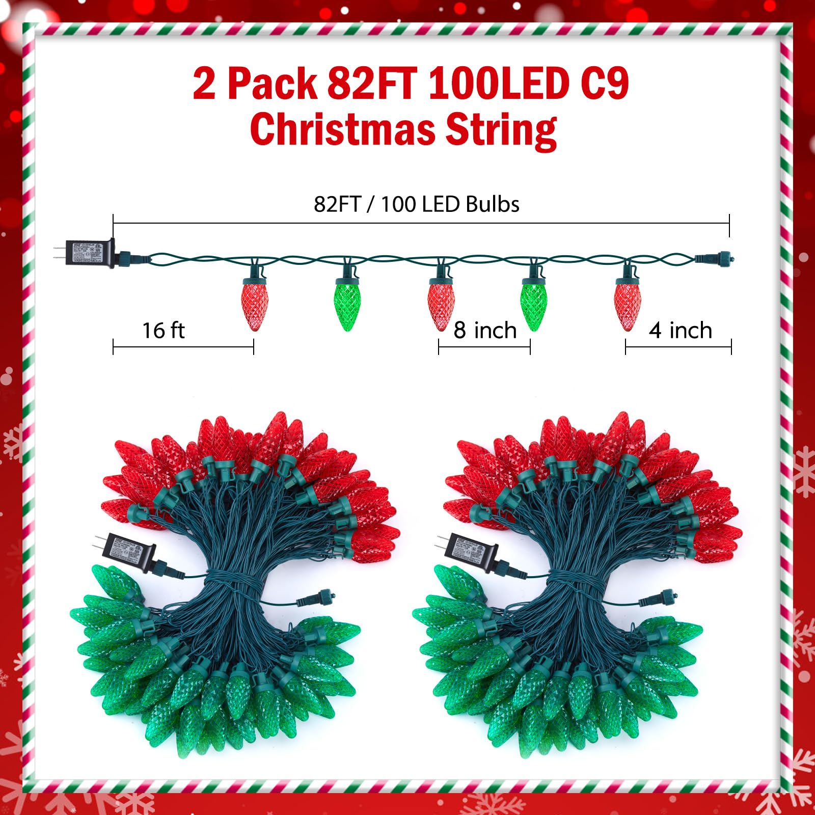 2 Pack C9 Outdoor LED Christmas Lights - 82ft 100 LED String Lights (UPC-6WFP) - Image 2