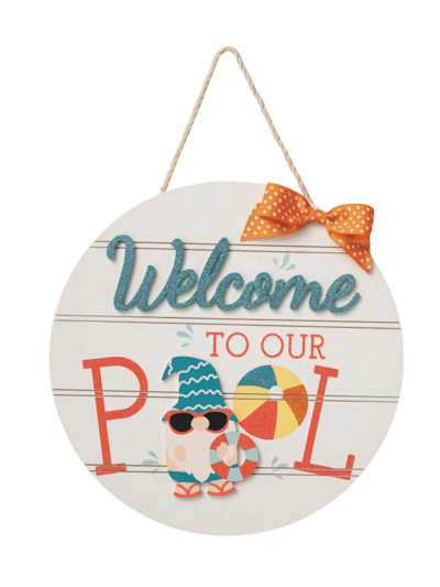 Glittered Welcome to Our Pool Wooden Outdoor Wall Decor, 16" (UPC-6862)
