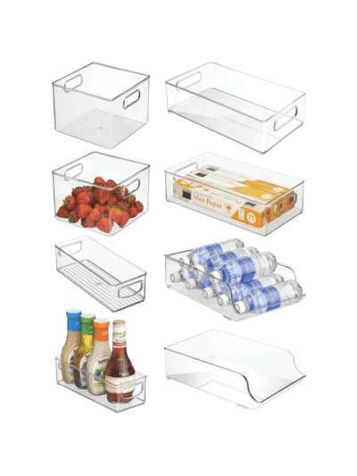 iDesign 8-Piece Fridge or Pantry Storage Bins with Plastic Water Bottle Organizer for Kitchen, Clear (UPC-4895)