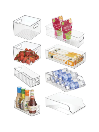 iDesign Fridge Storage Bin Set - Includes Bins with Handles and Water Bottle Holder, Set of 8, Clear (UPC-4105)