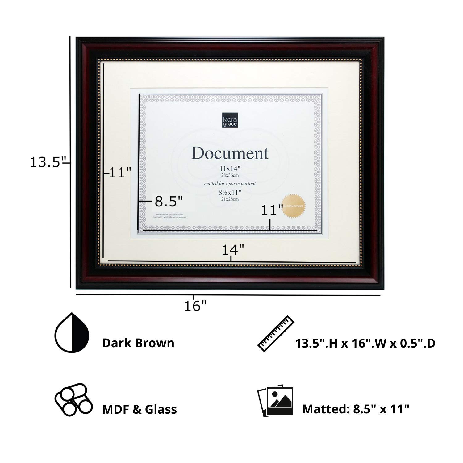 Document Frame - 8-Pack, 11" x 14", Matted For 8.5" x 11", Dark Brown with Gold Beading (UPC-7148) - Image 6