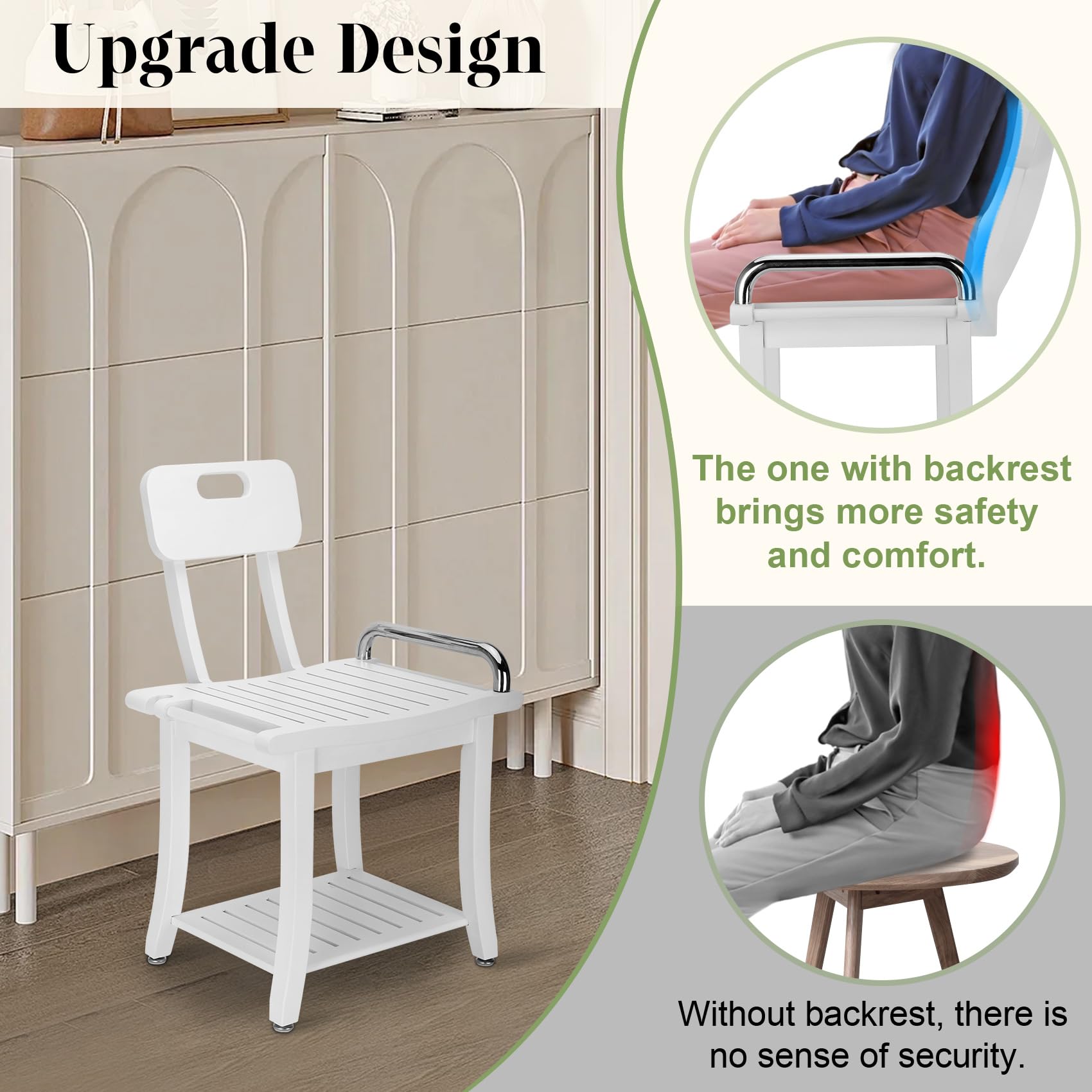 Teak Shower Bench Seat with Shelf | 18.7" Solid Wood, Waterproof, Storage, Heavy Duty (UPC-X9C3) - Image 6