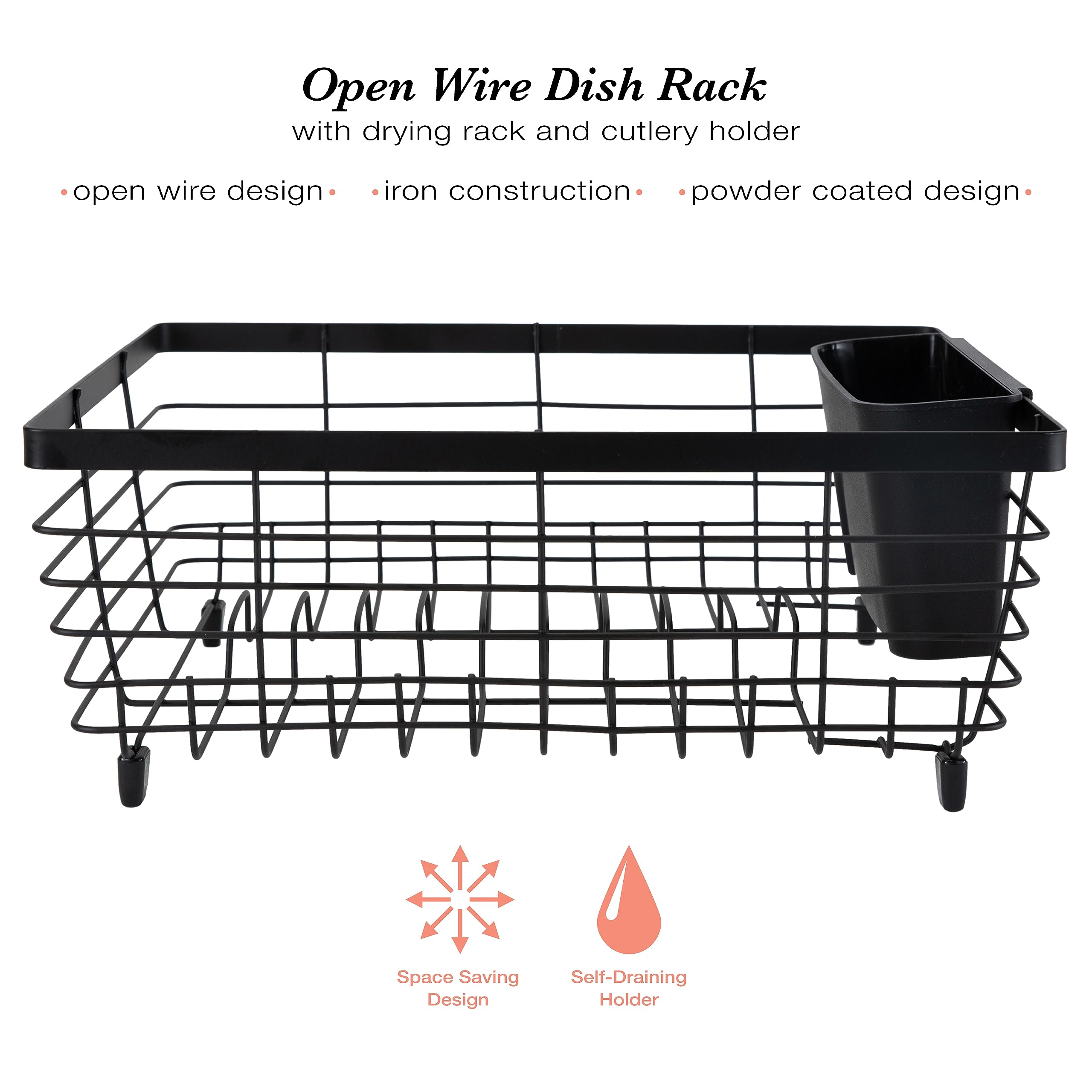 Flat Wire Countertop or Over The Sink Dish Drying Rack with Cutlery Basket, Black (UPC-0325) - Image 4