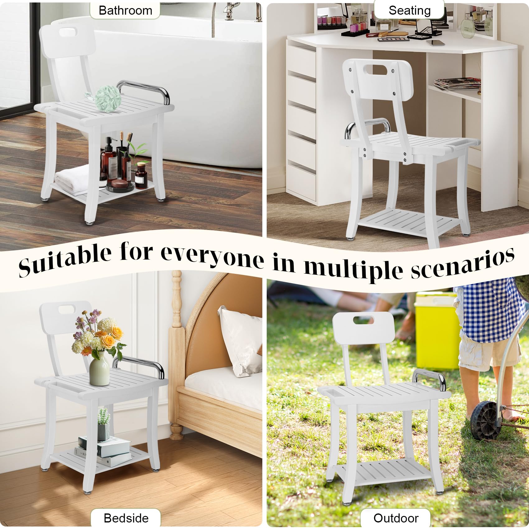 Teak Shower Bench Seat with Shelf | 18.7" Solid Wood, Waterproof, Storage, Heavy Duty (UPC-X9C3) - Image 3