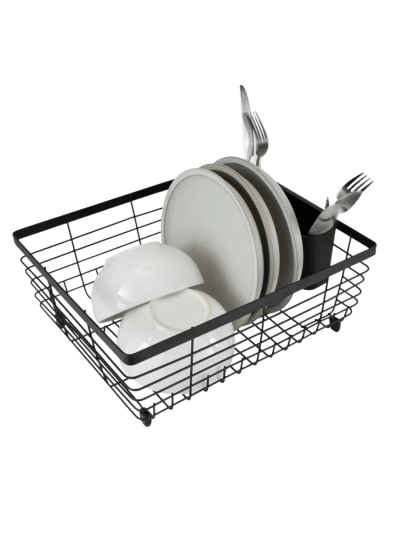 Flat Wire Countertop or Over The Sink Dish Drying Rack with Cutlery Basket, Black (UPC-0325)