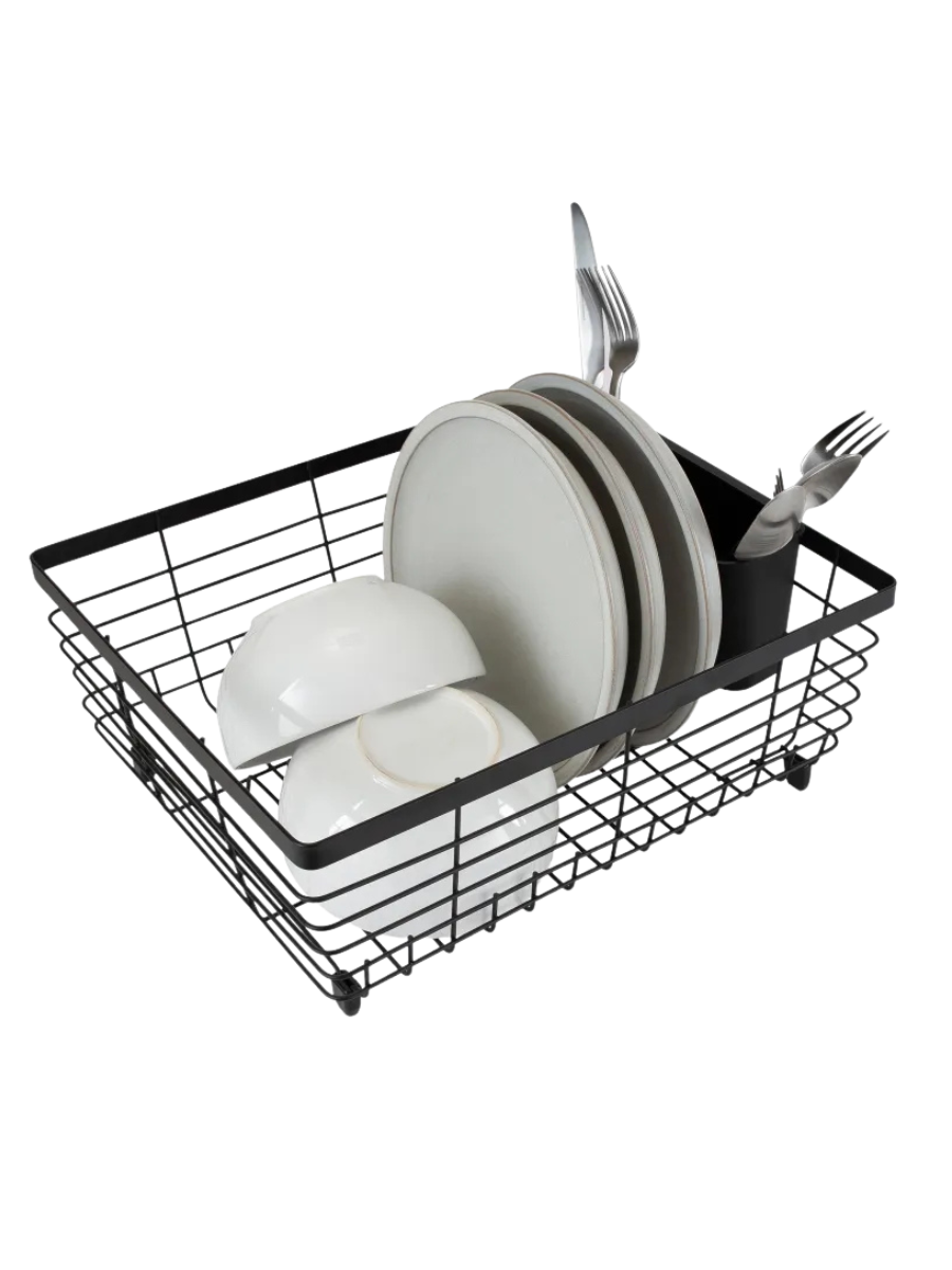 Flat Wire Countertop or Over The Sink Dish Drying Rack with Cutlery Basket, Black (UPC-0325)