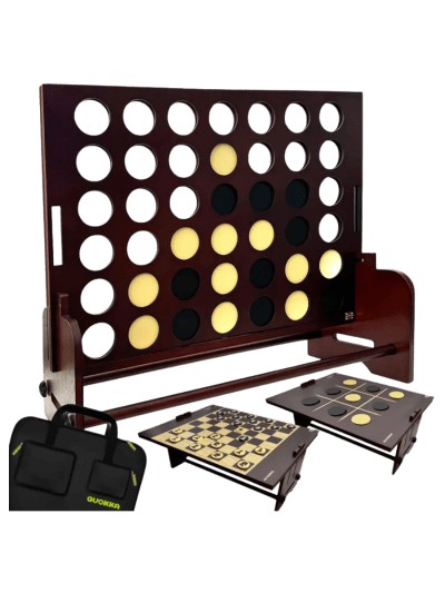 Giant 4-in-1 Outdoor Wooden Game SUPERSET | Connect 4 | Big Chess | Checkers | Tic Tac Toe | All Weather (Brown)