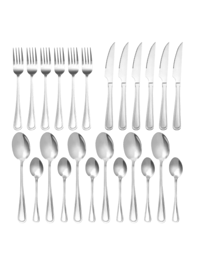 24-Piece Stainless Steel Flatware Set for 6, Dinner Forks/Spoons/Knives, Square Edge, Dishwasher Safe (UPC-7354)