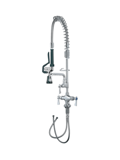18-506L Krowne Royal Series Space Saver Pre-Rinse Assembly, with add-on Faucet, Single Hole Deck Mount, Double Pantry, Spring Action Flexible Gooseneck (UPC-5061)