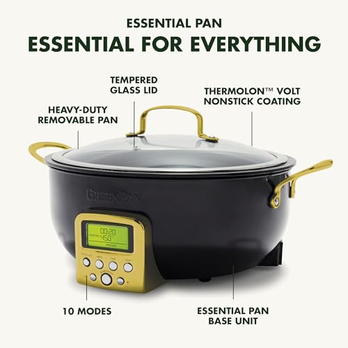 GreenPan Elite Essential Smart Electric 6QT Skillet Pot - Presets to Sear, Sauté, Stir-Fry, and Cook Rice - Healthy Ceramic Nonstick and Dishwasher Safe Parts - Gold (UPC-8477) - Image 8