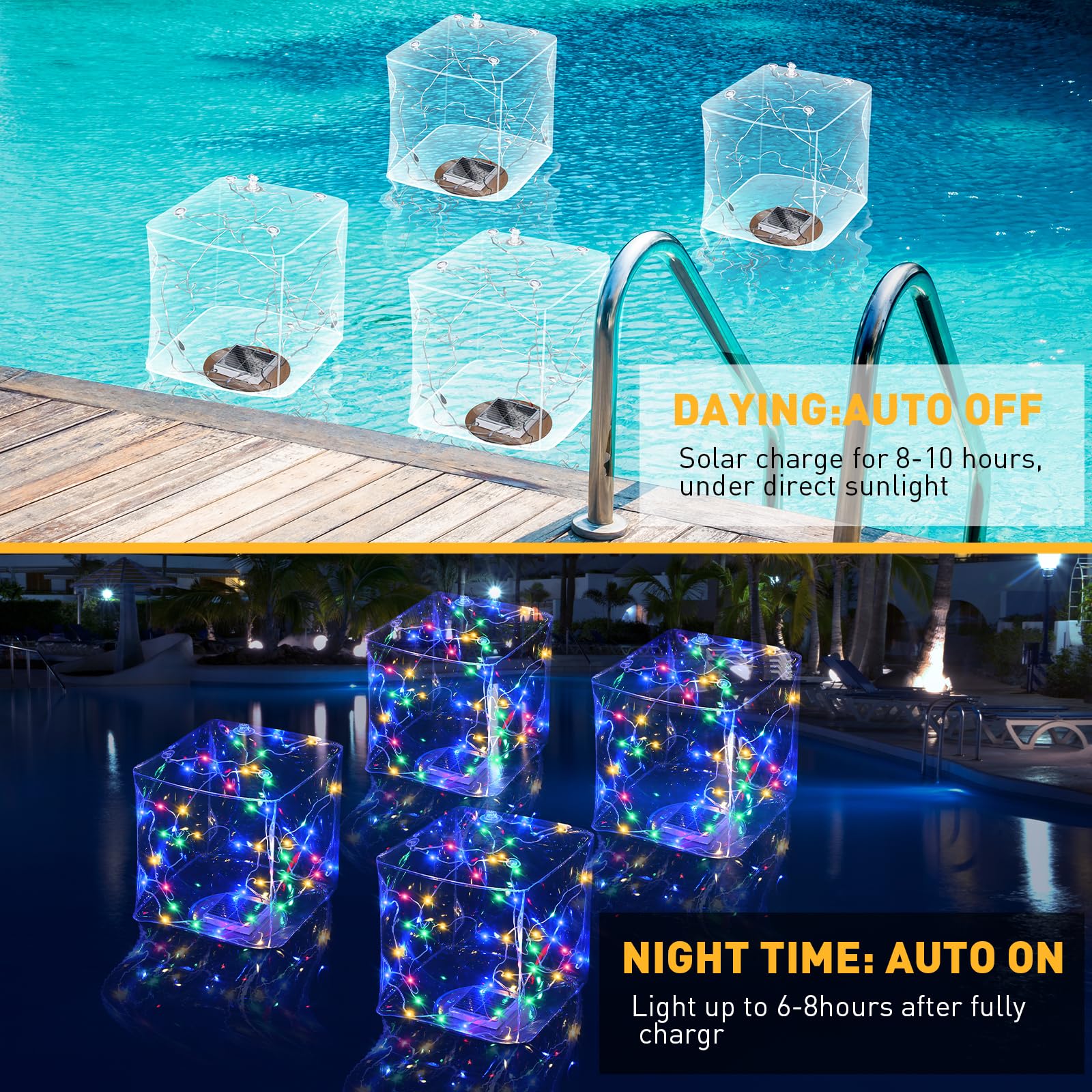 4 Pcs Solar Floating Inflatable Square LED Pool Lights, IP68 Waterproof ...