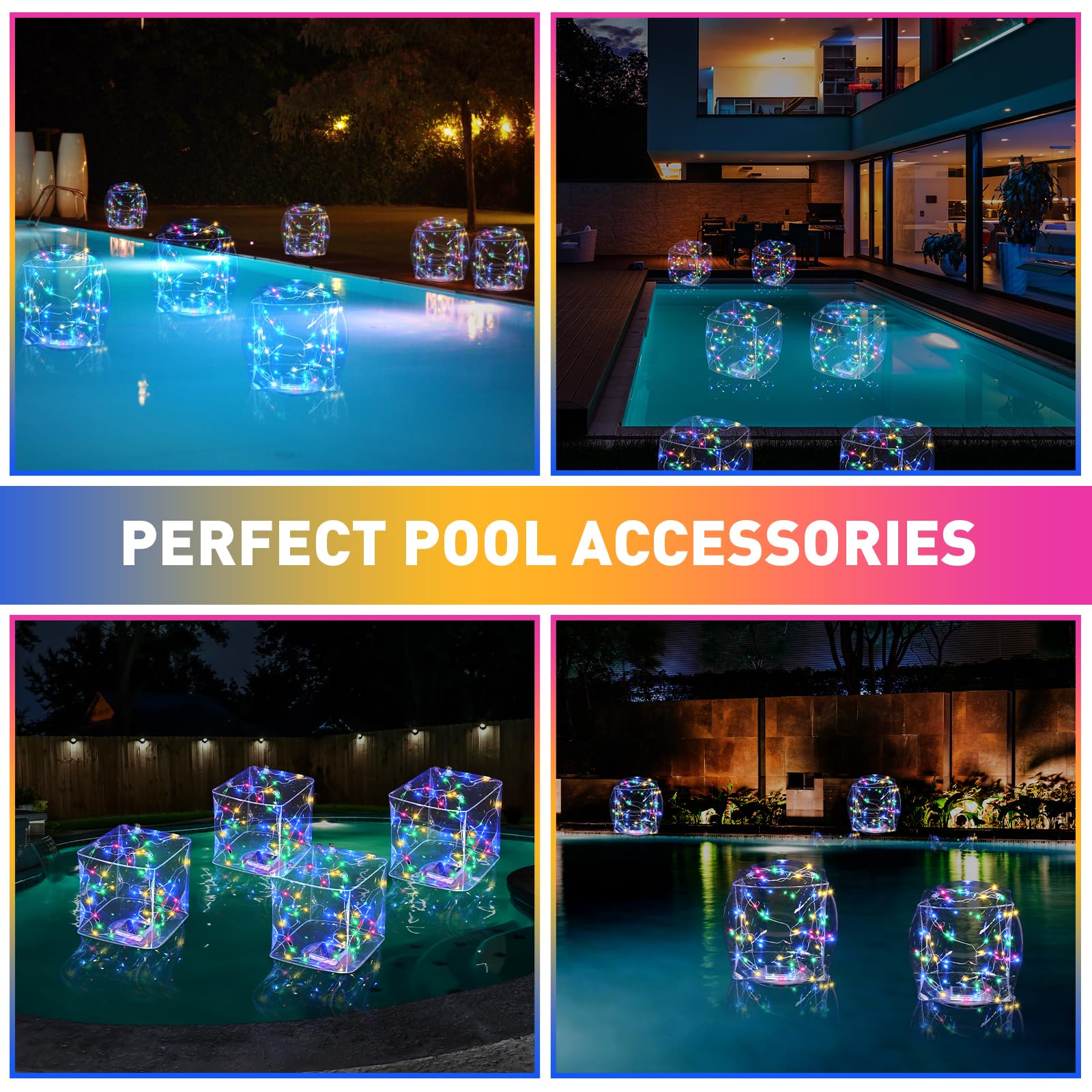 4 Pcs Solar Floating Inflatable Square LED Pool Lights, IP68 Waterproof ...
