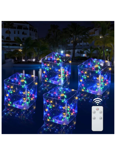 4 Pcs Solar Floating Inflatable Square LED Pool Lights, IP68 Waterproof, Multicolor (UPC-E1ST)