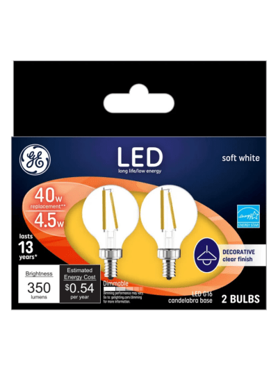 GE Lighting Dimmable LED Light Bulbs, Frosted Decorative G16.5 Globe Light Bulb, 4-Watt, 40-Watt Replacement (ASIN-OZEV)350-Lumen, Soft White, Candelabra Light Bulb Base, 2 Pack LED Bulbs, (24535)