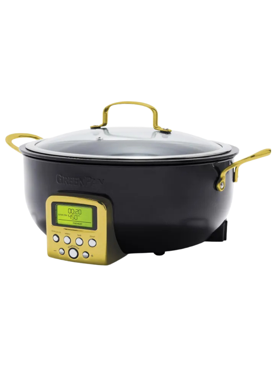 GreenPan Elite Essential Smart Electric 6QT Skillet Pot - Presets to Sear, Sauté, Stir-Fry, and Cook Rice - Healthy Ceramic Nonstick and Dishwasher Safe Parts - Gold (UPC-8477)