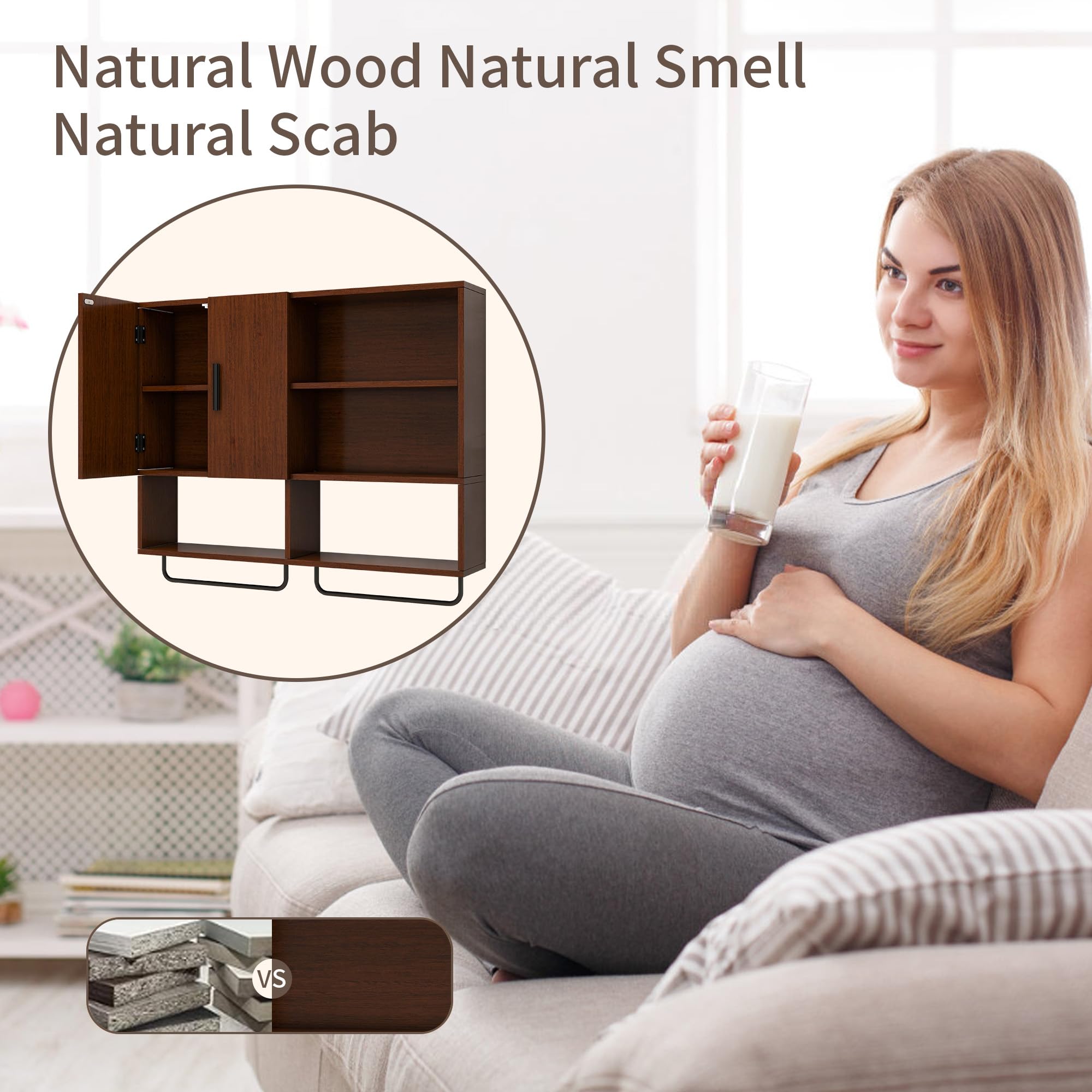 Solid Wood Wall Mounted Bathroom Cabinet with Door, Towel Bar, & Adjustable Shelves (ASIN-A9RZ) - Image 6