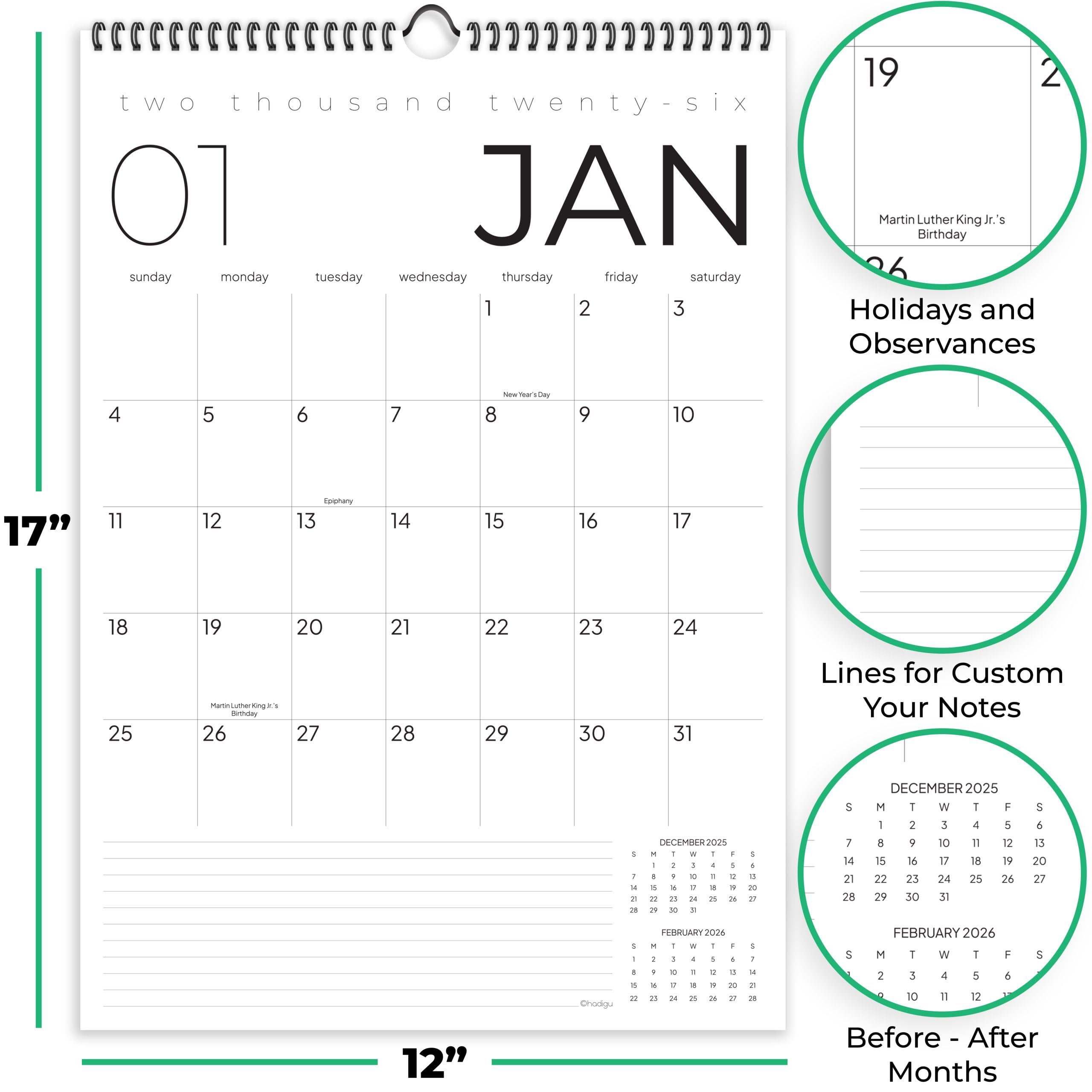 2026 12 Month Wall Calendar, 17" x 12", Thick Paper with Hanger, Spiral Bound (ASIN-67OH) - Image 5
