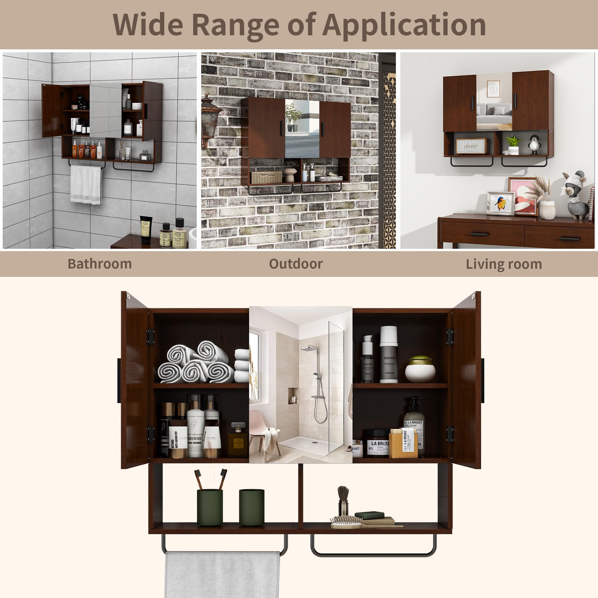 Solid Wood Wall Mounted Bathroom Cabinet with Door, Towel Bar, & Adjustable Shelves (ASIN-A9RZ) - Image 2