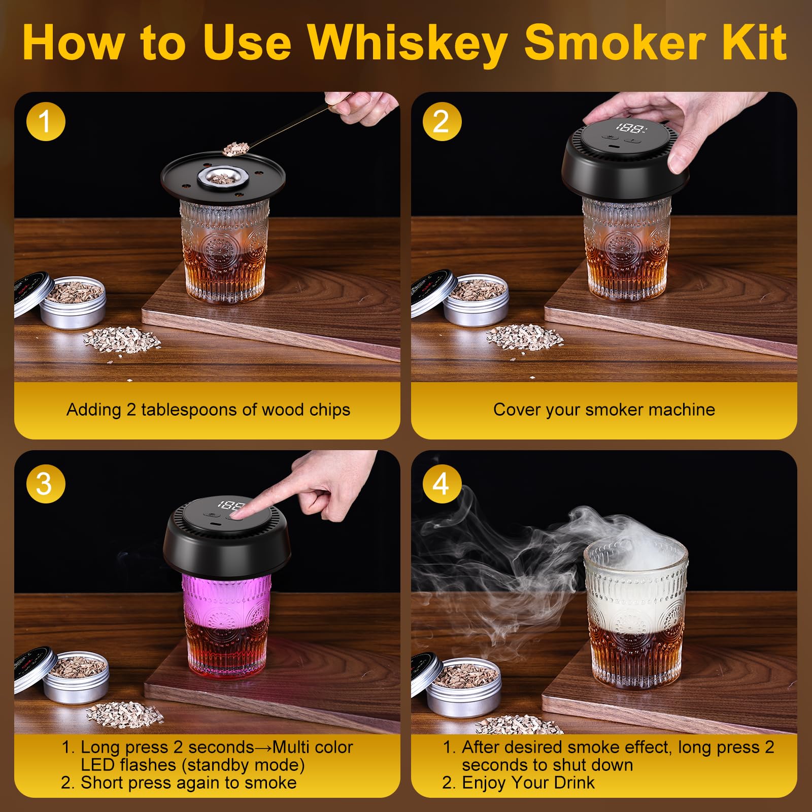 Electric Old Fashioned Whiskey Smoker Kit - With 6 Wood Chips, No Butane Needed, 6 Color Ambient Light, Built-in Rechargeable Lighter (ASIN-UASF) - Image 7