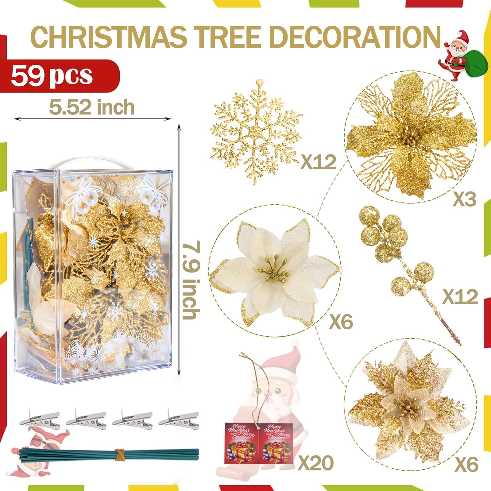 Gold Artificial Poinsettia Flowers - 59 Pieces, 6 Styles with Berry Stems, Snowflakes, and Cards (ASIN-20HV) - Image 6