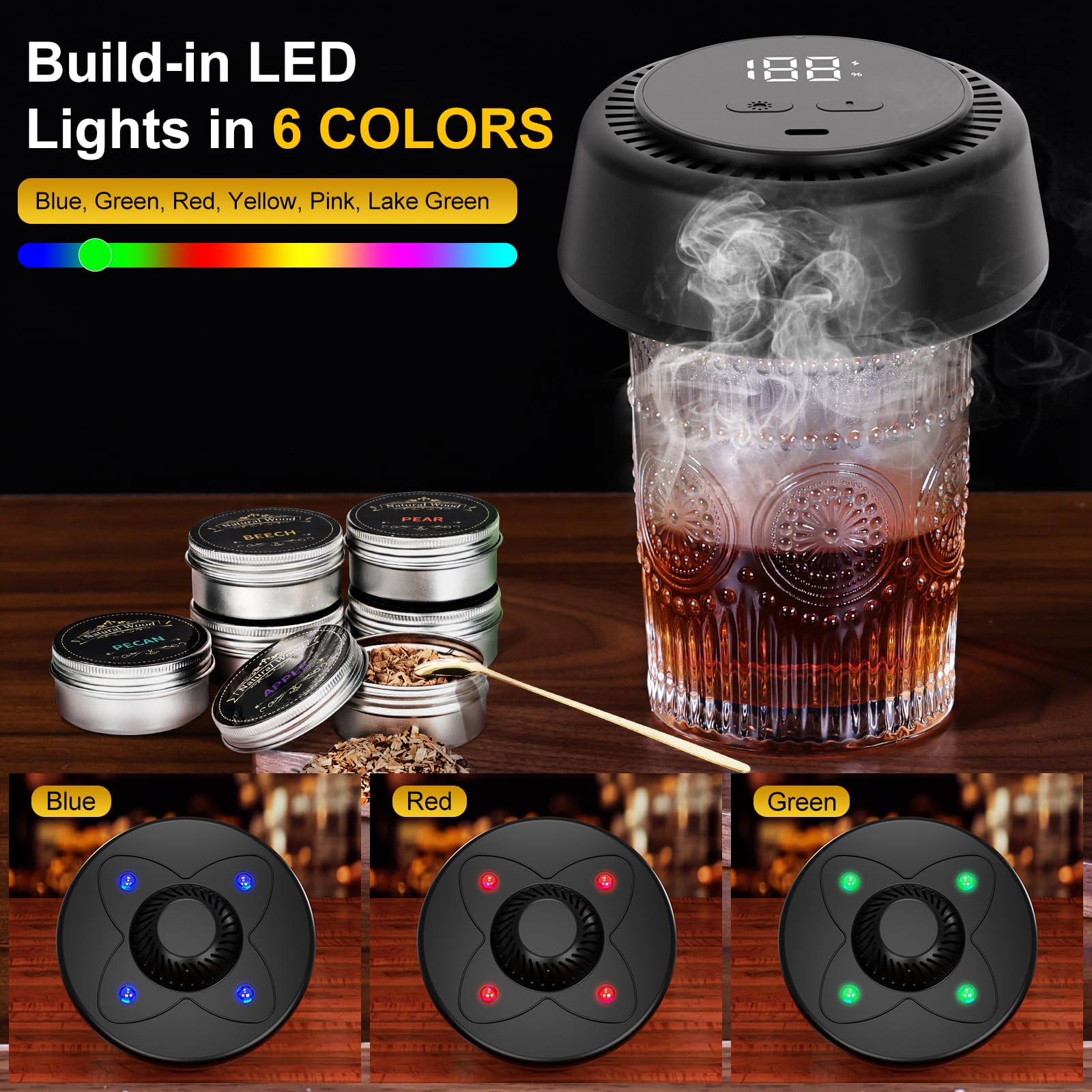 Electric Old Fashioned Whiskey Smoker Kit - With 6 Wood Chips, No Butane Needed, 6 Color Ambient Light, Built-in Rechargeable Lighter (ASIN-UASF) - Image 8
