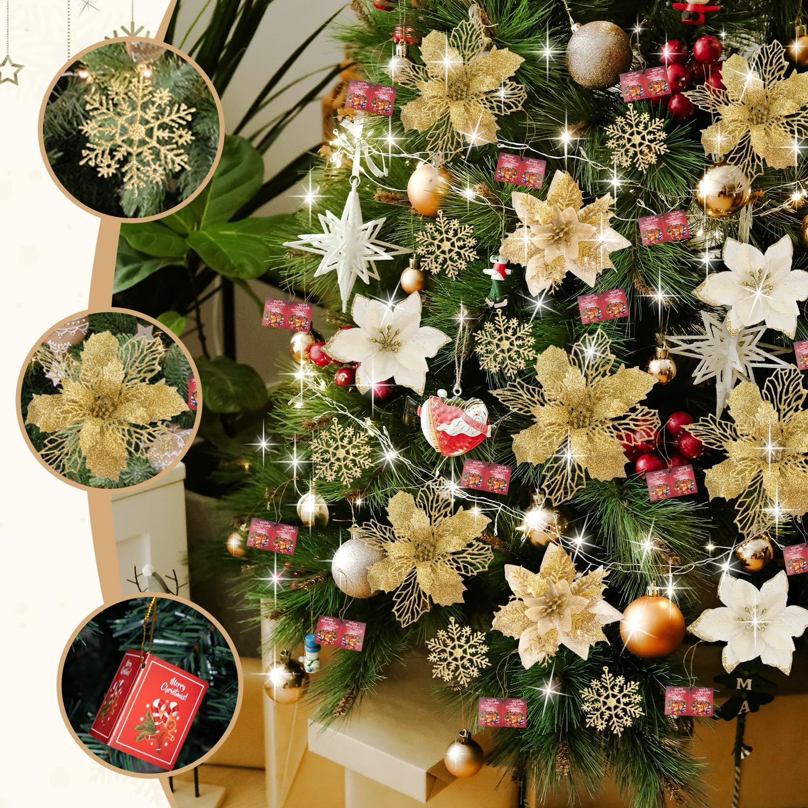 Gold Artificial Poinsettia Flowers - 59 Pieces, 6 Styles with Berry Stems, Snowflakes, and Cards (ASIN-20HV) - Image 5