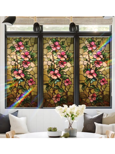 Stained Glass Design Window Privacy Film - Sun Blocking, Non-Adhesive, Removable, 17.5" x 39.3" (ASIN-F3P5)