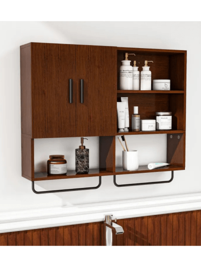 Solid Wood Wall Mounted Bathroom Cabinet with Door, Towel Bar, & Adjustable Shelves (ASIN-A9RZ)