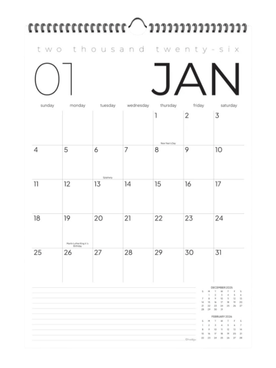 2026 12 Month Wall Calendar, 17" x 12", Thick Paper with Hanger, Spiral Bound (ASIN-67OH)