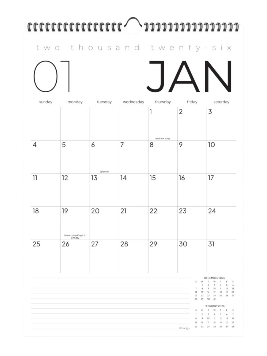 2026 12 Month Wall Calendar, 17" x 12", Thick Paper with Hanger, Spiral Bound (ASIN-67OH)
