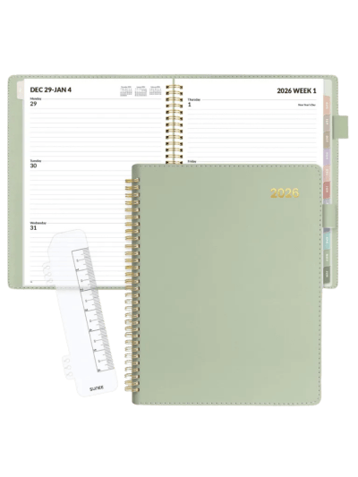 2026 Weekly and Monthly Calendar/Planner 9" x 11.2"- Jan 2026 - Dec 2026, Vegan Leather Cover, Pocket, Bookmark, Notes, Monthly Tab, Sage Green (ASIN-VDF5)
