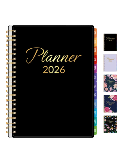 JAN. 2026 – DEC. 2026 Weekly ＆ Monthly Planner, 6.4" x 8.3", with Tabs, Waterproof Flexible Cover, Spiral Binding, Double-sided Pocket, Bookmark, Black (UPC-Y7IL)