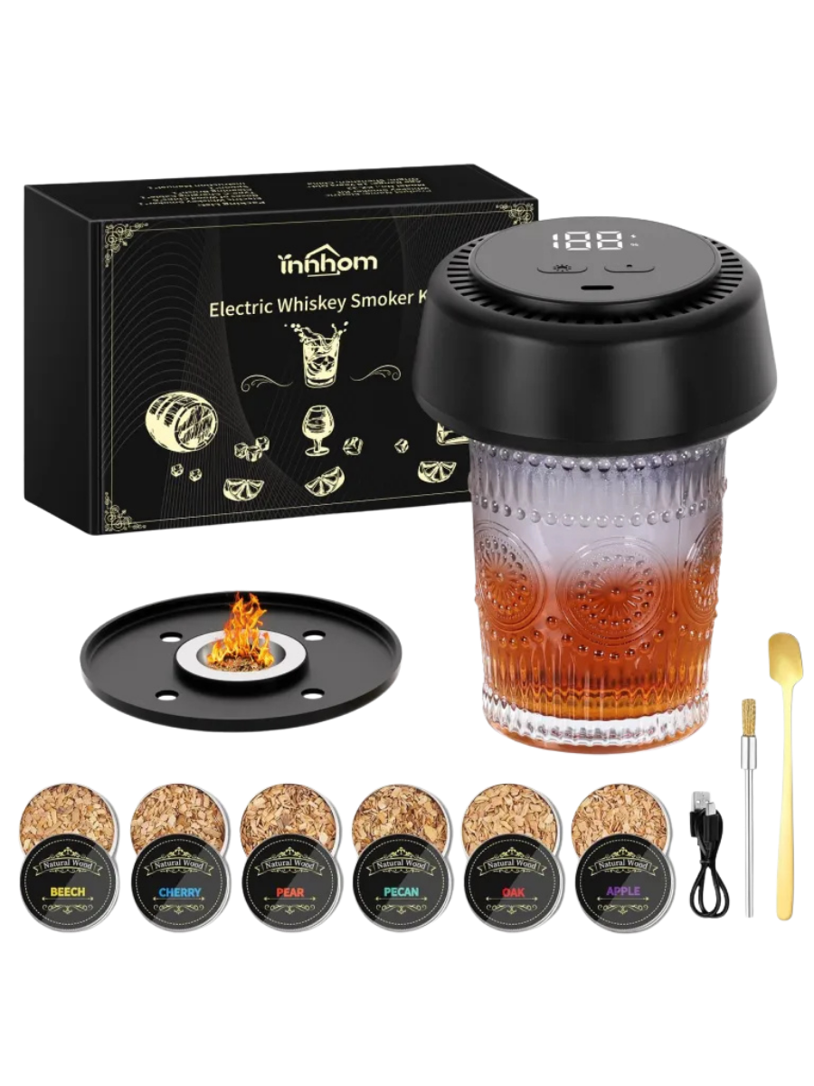 Electric Old Fashioned Whiskey Smoker Kit - With 6 Wood Chips, No Butane Needed, 6 Color Ambient Light, Built-in Rechargeable Lighter (ASIN-UASF)
