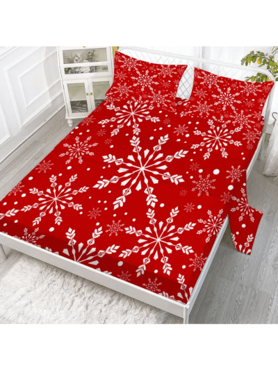 Christmas Snowflake Sheet Set: Full Size, Red with Snowflakes, 4PC [1 Fitted Sheet, 1 Flat Sheet, & 2 Pillowcases] (ASIN-23C9)