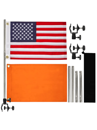 2 Pack Boat Flag Kit – 14.8" x 23.4" - American Flag, Orange Safety Flag, 2 Stainless Poles, Holders, & Bag (UPC-MAHP)