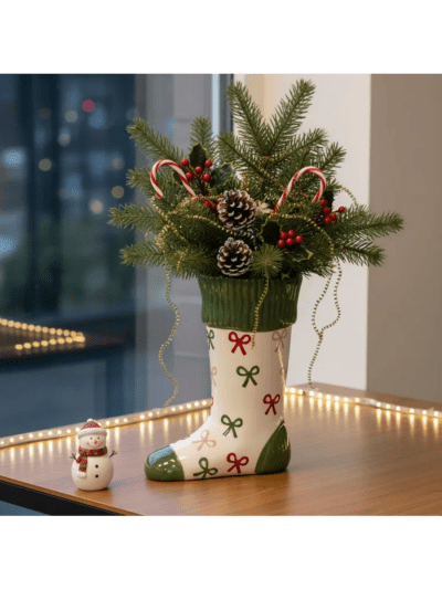 Ceramic Christmas Sock Vase - 8" Height, Bow Pattern (ASIN-1SE3)
