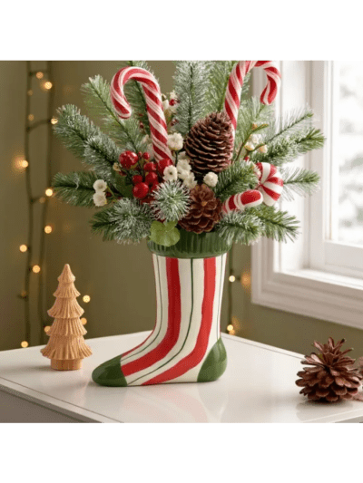 Ceramic Christmas Sock Vase - 8" Height, Stripe Pattern (ASIN-83WX)