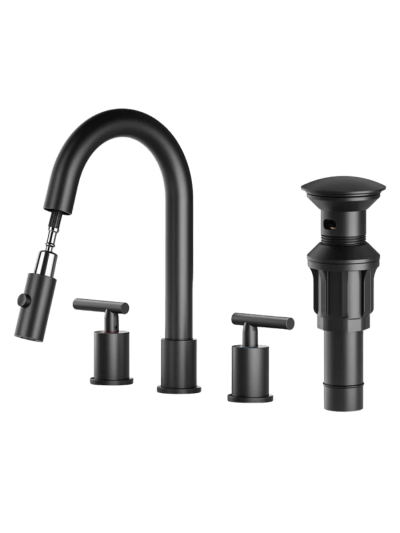 Matte Black Pull Down Sprayer 8" Widespread Faucet with Pop-up Drain and Supply Lines (ASIN-UFOF)