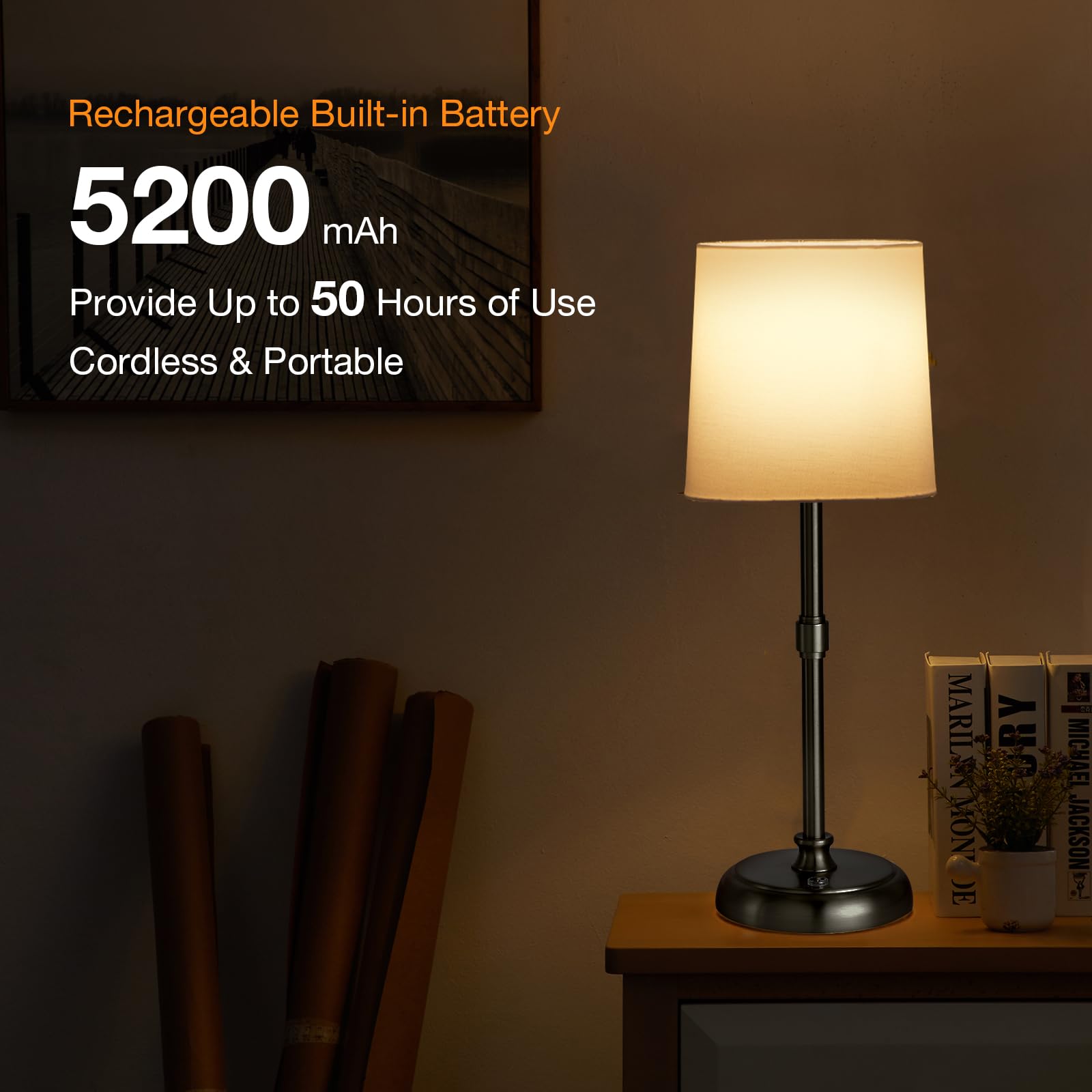 Cordless Black LED Table Lamp - 5200-mAh Rechargeable Battery, 3-Level Brightness, Built-in Integrated LED 320 Lm Max (ASIN-NJ8V) - Image 5