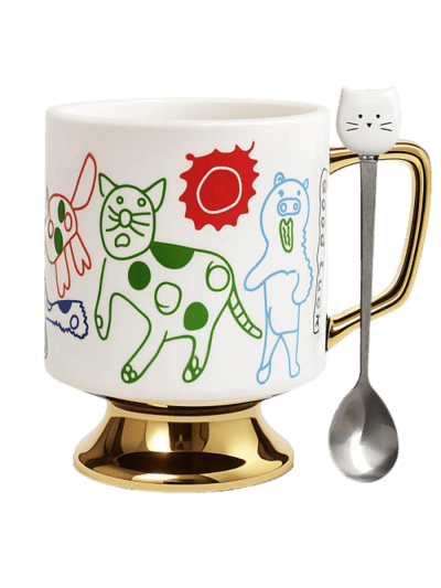 Whimsical Animal Ceramic Coffee Mug – 14oz, Hand-Drawn Cat, Dog & Bear Design (ASIN-1ISB)