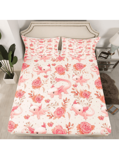 Pink Axolotl/Salamander Queen Size Sheets - Flat Sheet, Fitted Sheet, and Two Pillowcases (ASIN-2BV9)