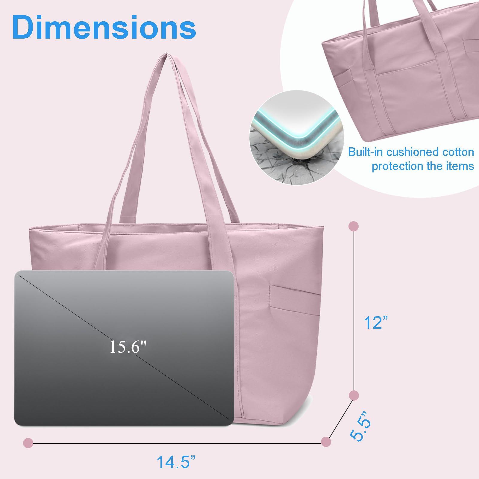 Large Lightweight Tote Bag - with Zipper, Nylon, with 15.6" Laptop Sleeve, Pink - Image 3
