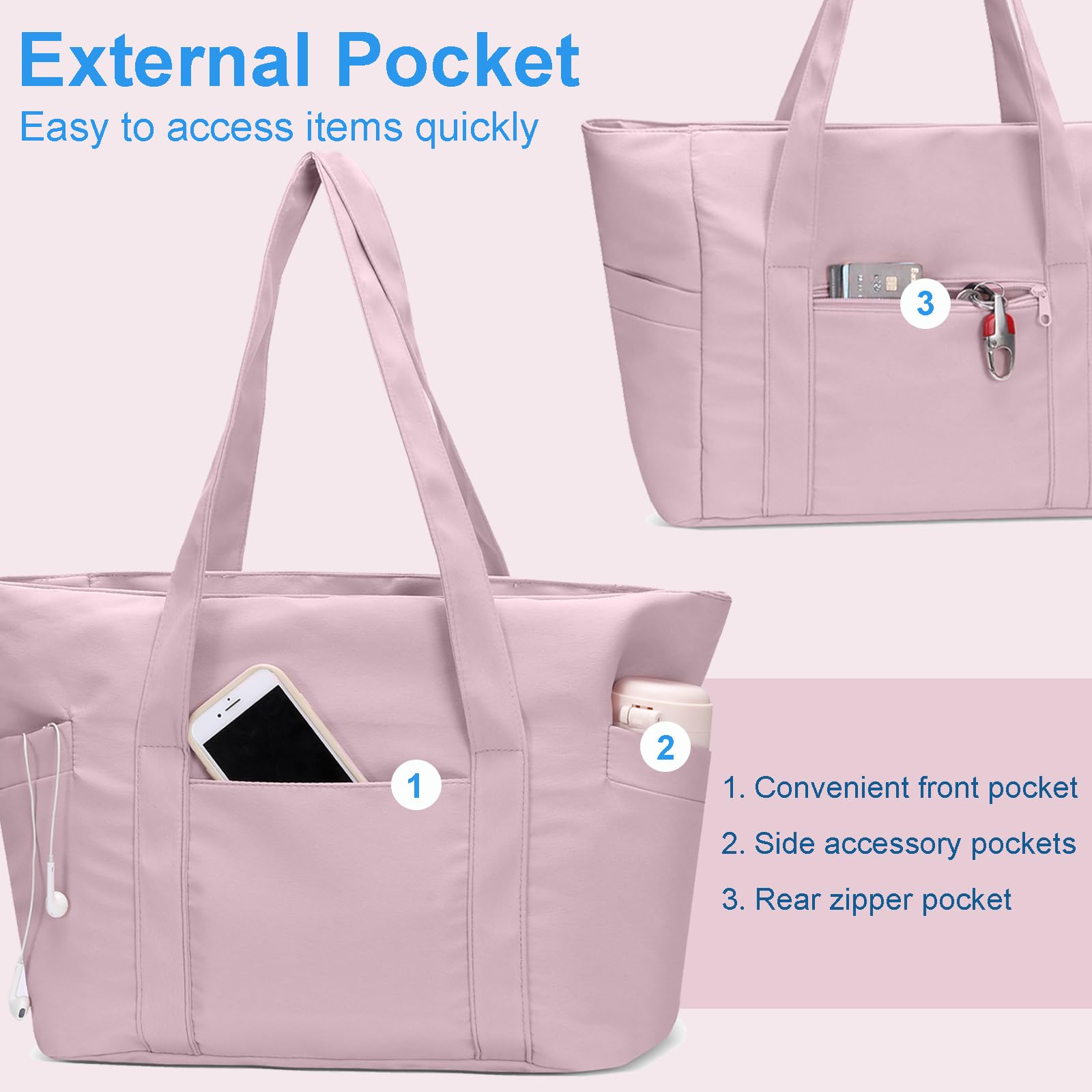 Large Lightweight Tote Bag - with Zipper, Nylon, with 15.6" Laptop Sleeve, Pink - Image 5