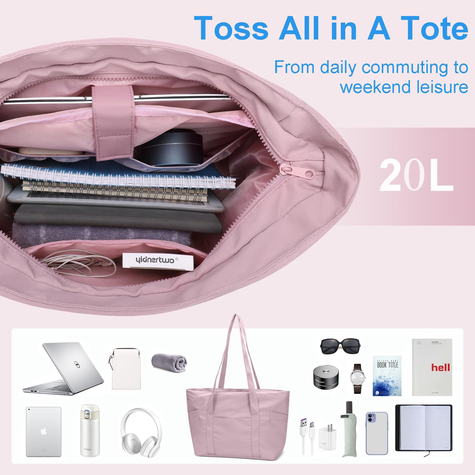 Large Lightweight Tote Bag - with Zipper, Nylon, with 15.6" Laptop Sleeve, Pink - Image 4