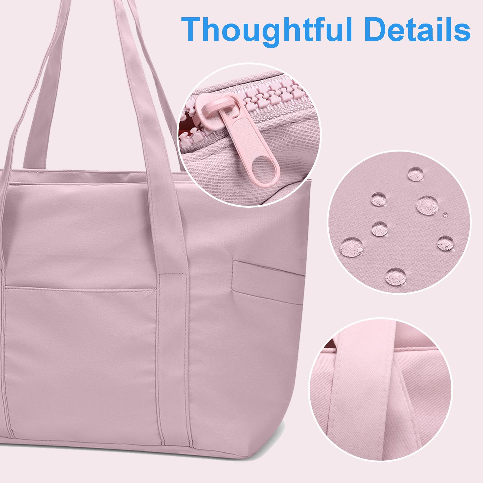 Large Lightweight Tote Bag - with Zipper, Nylon, with 15.6" Laptop Sleeve, Pink - Image 6