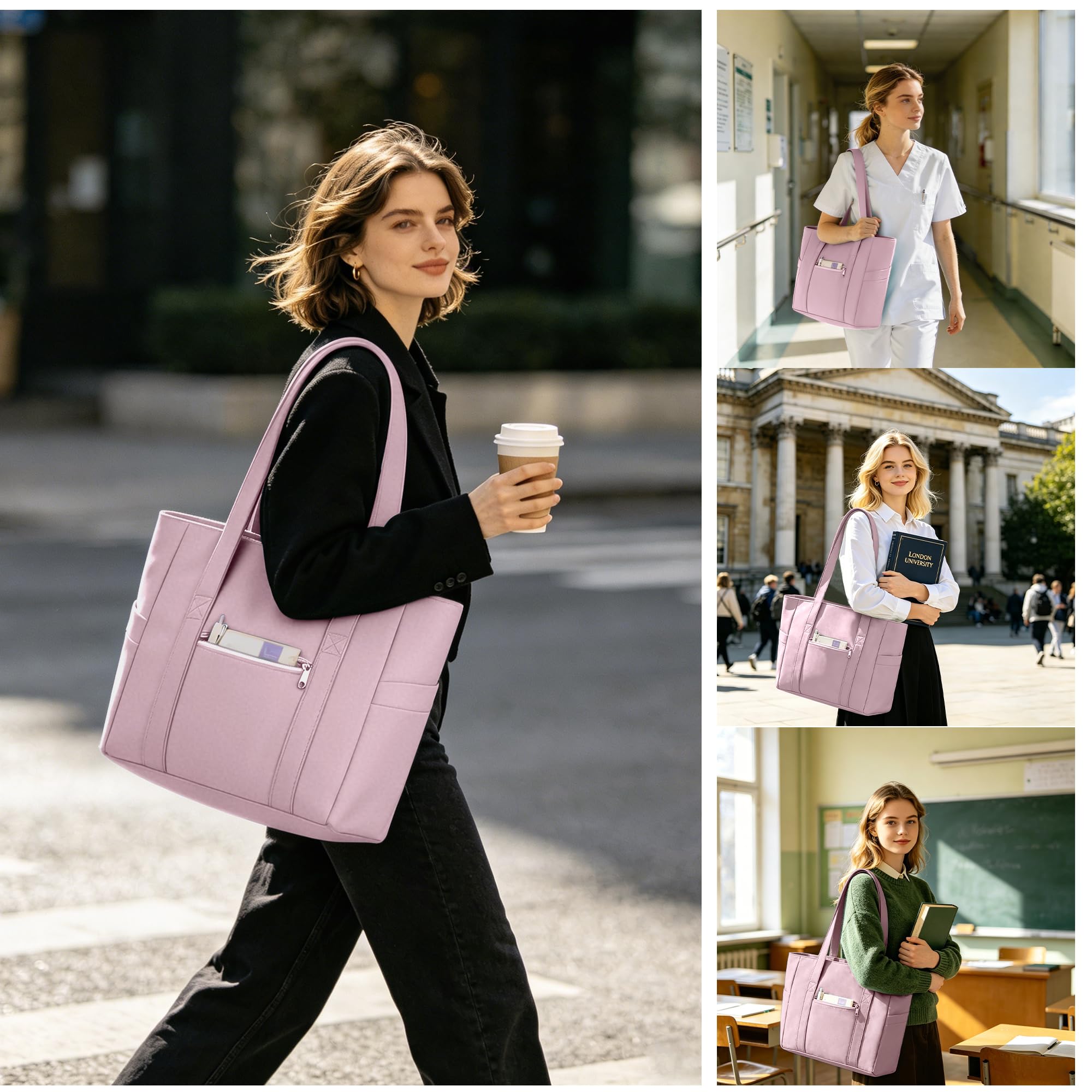 Large Lightweight Tote Bag - with Zipper, Nylon, with 15.6" Laptop Sleeve, Pink - Image 2